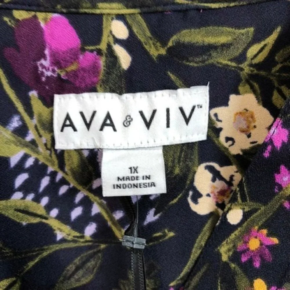 Ava & Viv Blouse Black Purple Floral Top Trendy